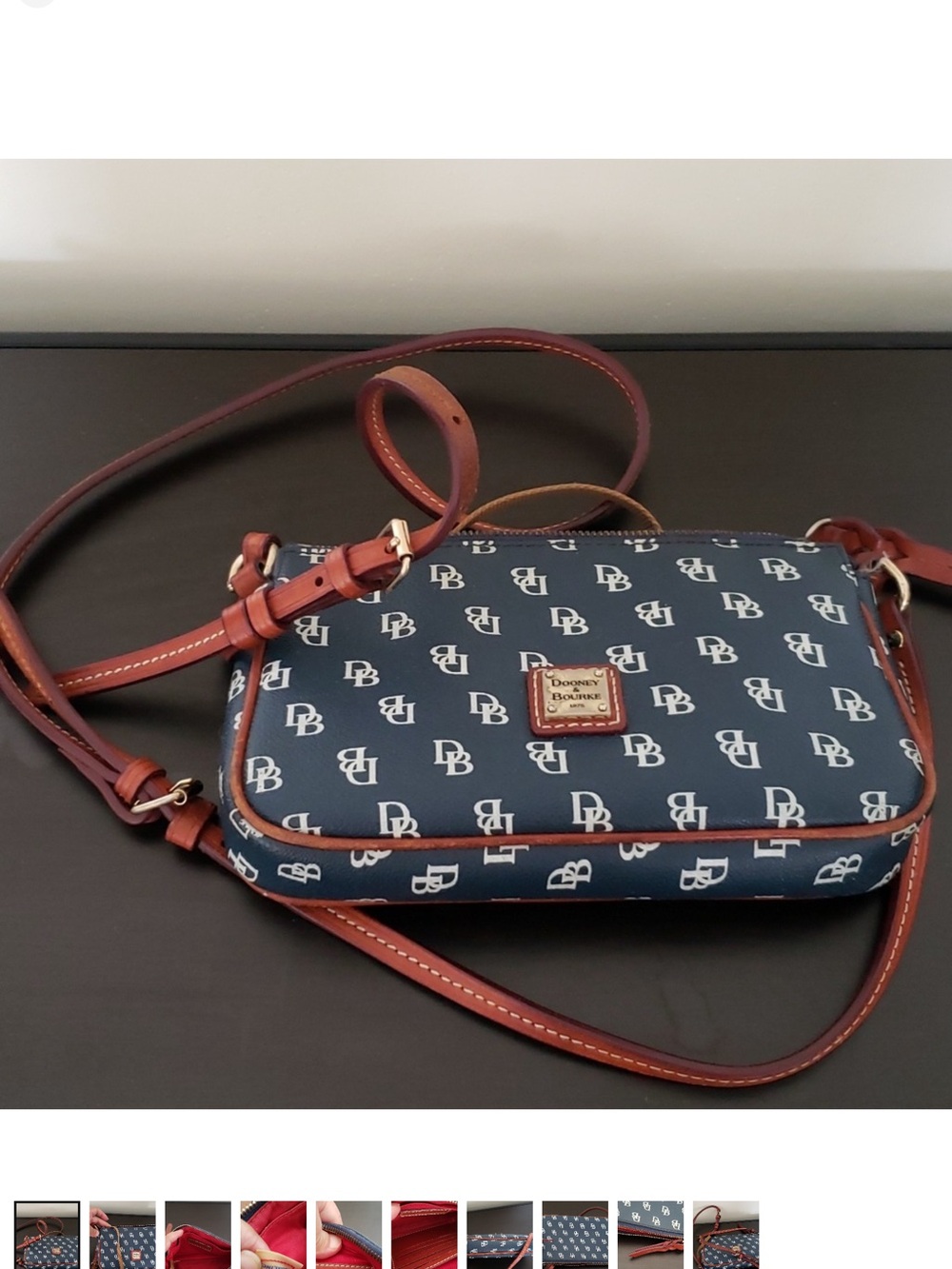 Dooney & Bourke Navy Logo Crossbody Bag with Brown Trim